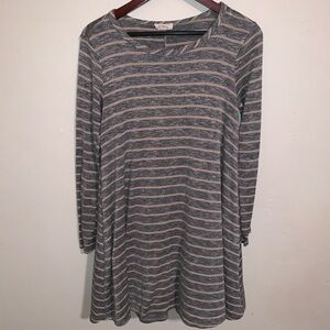Pinc Knit Swing Dress with Long Sleeves and Horizontal Stripes